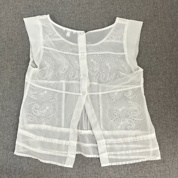 American Eagle Outfitters Sheer Top White Embroidered Paisley Cap Sleeve Pre-Own - Picture 7 of 9